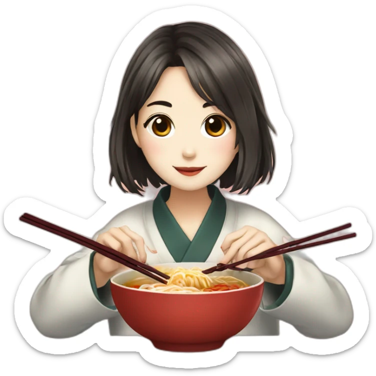A girl who livres k-drama eating a ramen with chopstick sticker