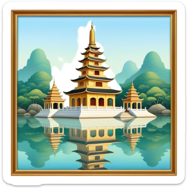 Cinematic Realistic Tran Quoc Pagoda Landmark Emoji, depicted with an ancient pagoda set on tranquil waters rendered with delicate textures and serene, reflective lighting. sticker