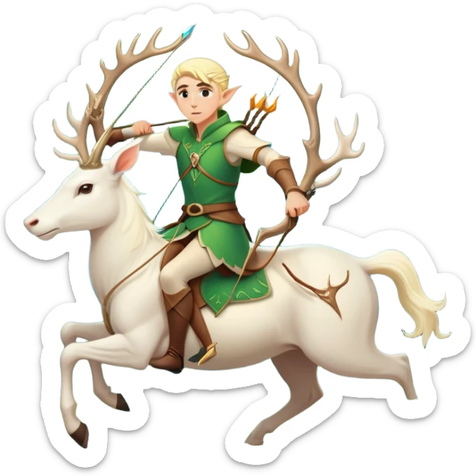 clash-of-clans-aesthetic-blond-male elf-archer-portrait-emoji, rendered in a flat, vector-style with minimal shading and bold, simplified shapes, head tilted slightly forward with a determined, focused expression, riding a majestic white stag whose antlers glow with mystical energy, set against an ancient, enchanted forest backdrop. sticker