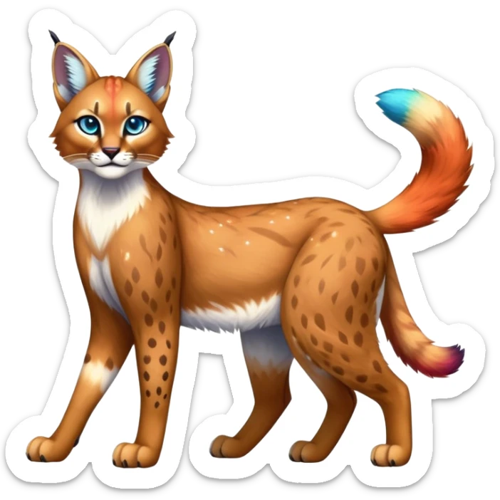 Vibrant multicolored Falvie-Fionbri-Bobcat-Caracal-creature-sparkle-feline-fursona, full body sticker