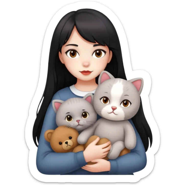 girl,drak eyes, red cheeks, black long hair with a bang, white face, holding a British gray cat and a brown teddy bear sticker