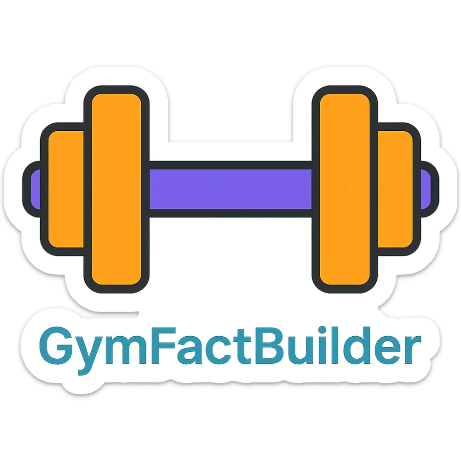 Change the text 'GymFactBuilder' to cyan color, keep the rest of the dumbbell design unchanged, clean modern icon style with lineal color icon and black outlines. sticker