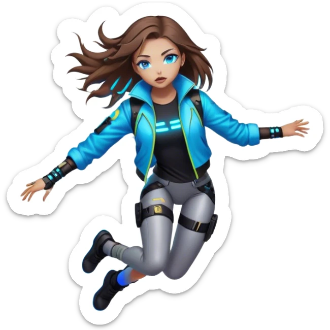 Neon cyberpunk style 
girl with brown hair and blue eyes 
falls sticker