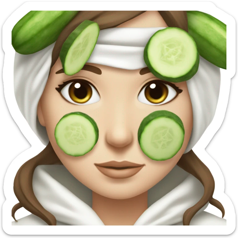 White girl with Brown hair and blue eyes wears a Green colored skincare clay textured mask and puts on cucumbers around her eyes while She relaxes in her white Robe sticker