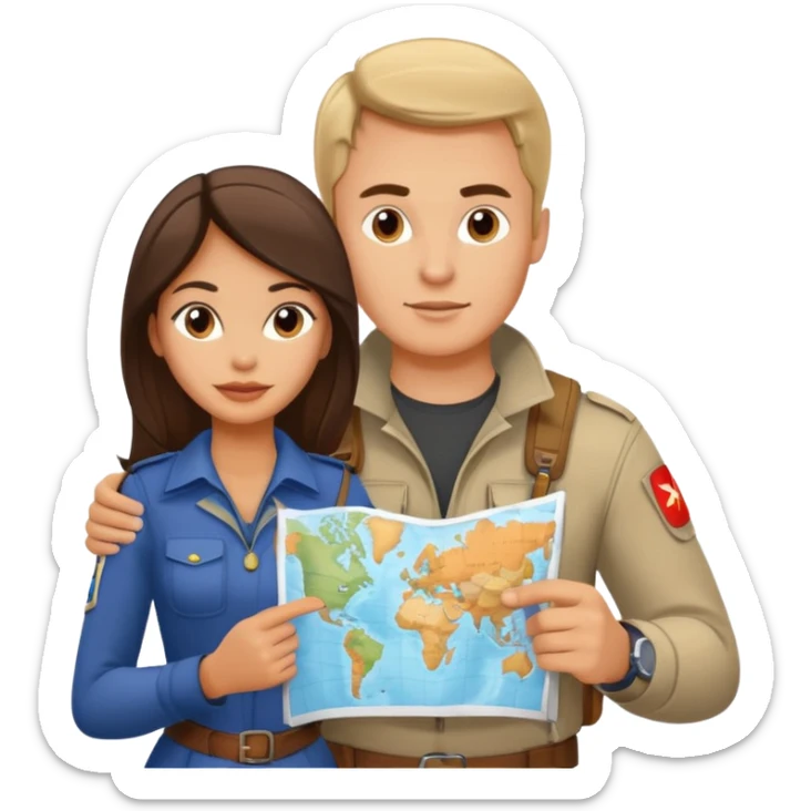 Russian man and elegant Latina girl in adventure outfits with a map planning a trip sticker