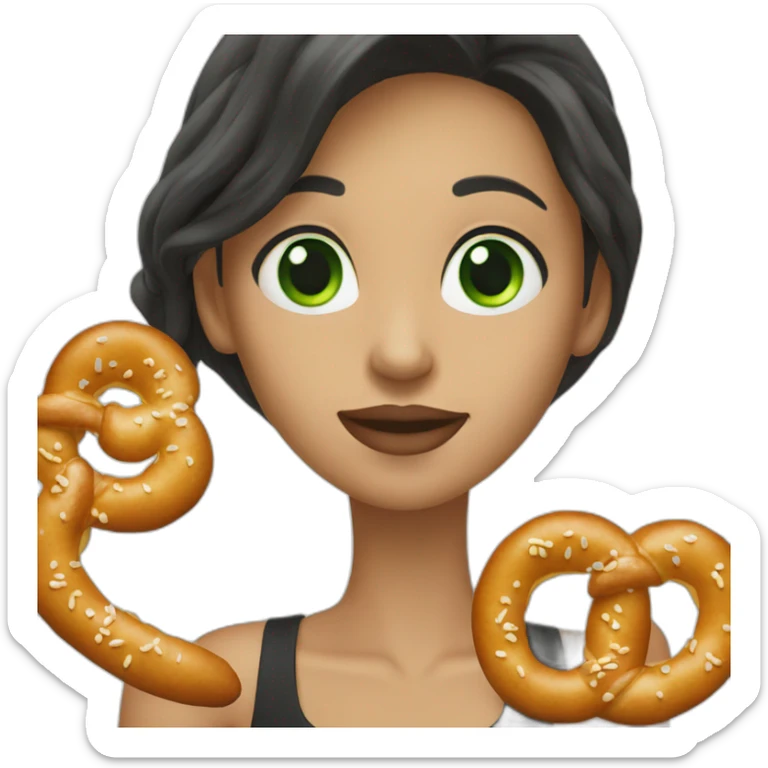 A Woman with green eyes and black wavy long hair and long nose eating a pretzel  sticker