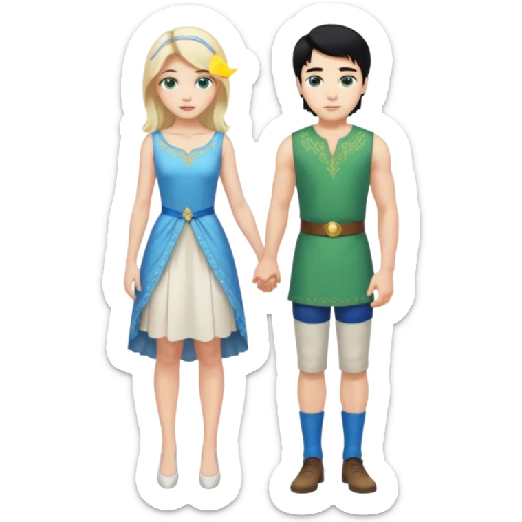 prince, standing upright, black Hair, blue eyes, garment,  woman, bending knee, sleveless white dress, blonde hair, green eyes, sticker