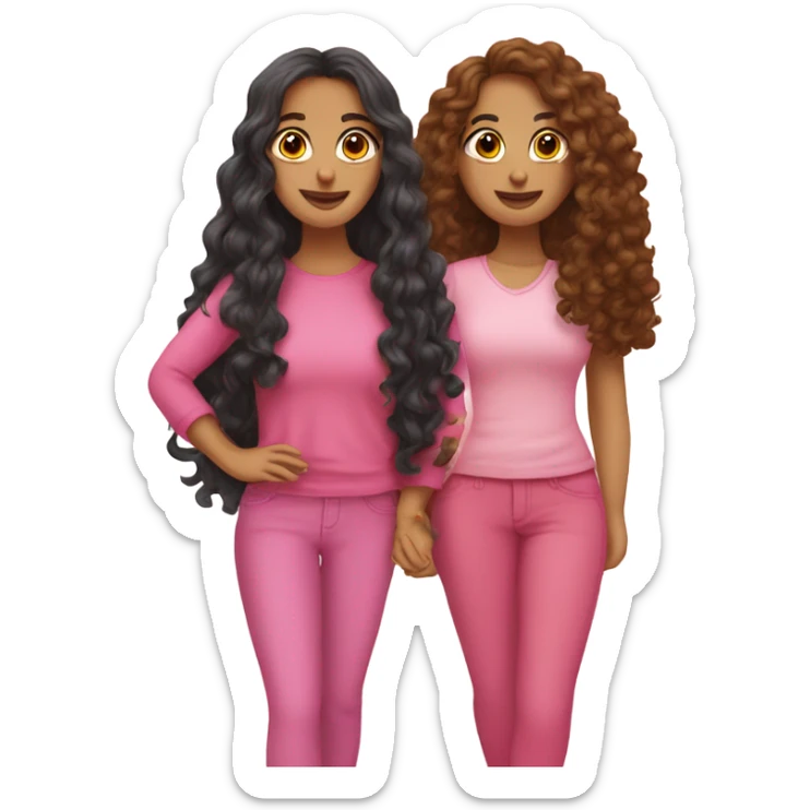 two Latina best friends wearing pink. Long hair. One curly hair and one straight her  sticker
