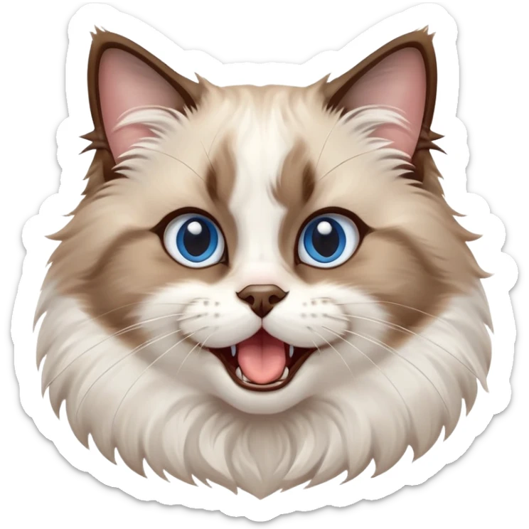 cinematic-adorable-big-eyed-fluffy-brown and white ragdoll-cat-portrait-emoji,-head-tilted-playfully-with-a-cute,-yawn,-soft-brown-and white-colored-fur-with-darker-points-on-the-ears,-simplified-yet-irresistibly-cute-features, sparkling blue eyes sticker