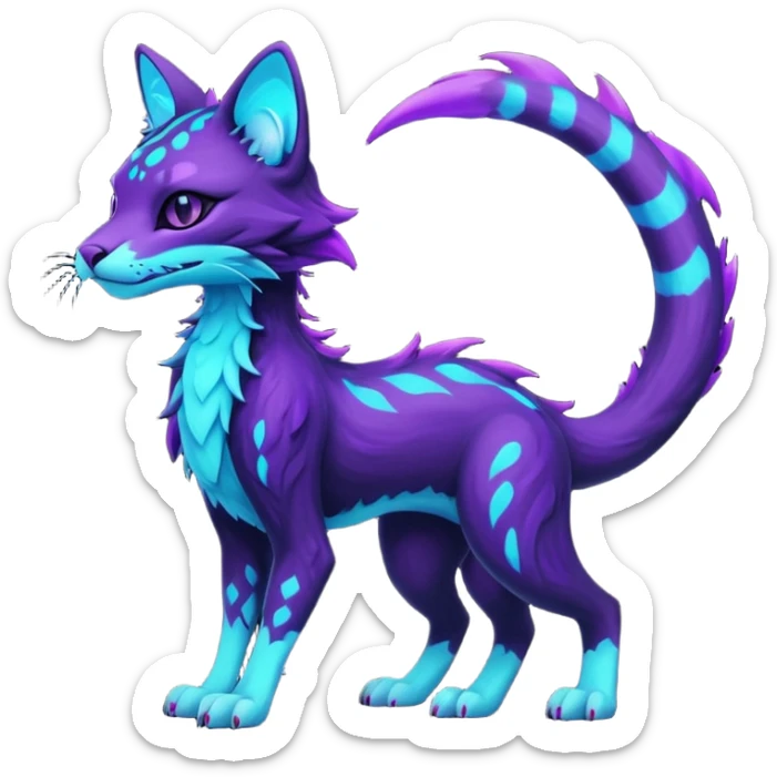 Kawaii dark edgy badass black and purple glowing neon bioluminescent fantasy feline-vernid-sergal-fursona animal creature with a tufted tail full body with intricate markings  sticker