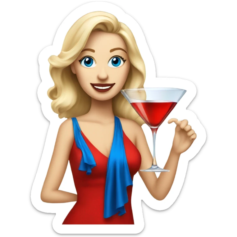 Beautiful blonde white woman with blue eyes and red dress dancing with martini sticker