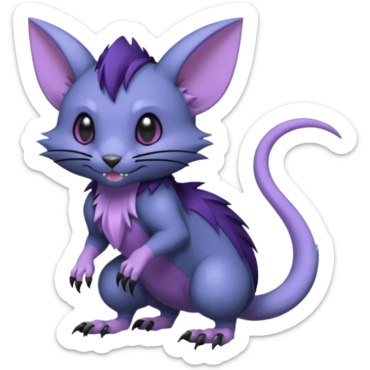Gothic style, charcoal-black, steel-blue, lilac-violet, Rattata-Noibat-Purrloin-Fakemon-hybrid-creature (full body) sticker