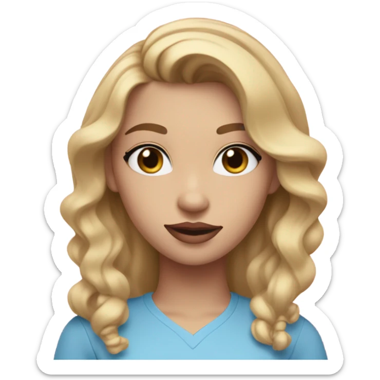 I 21 year old girl with warm blonde hair and blue eyes in a pink shirt. She has makeup on and pink lipstick on sticker