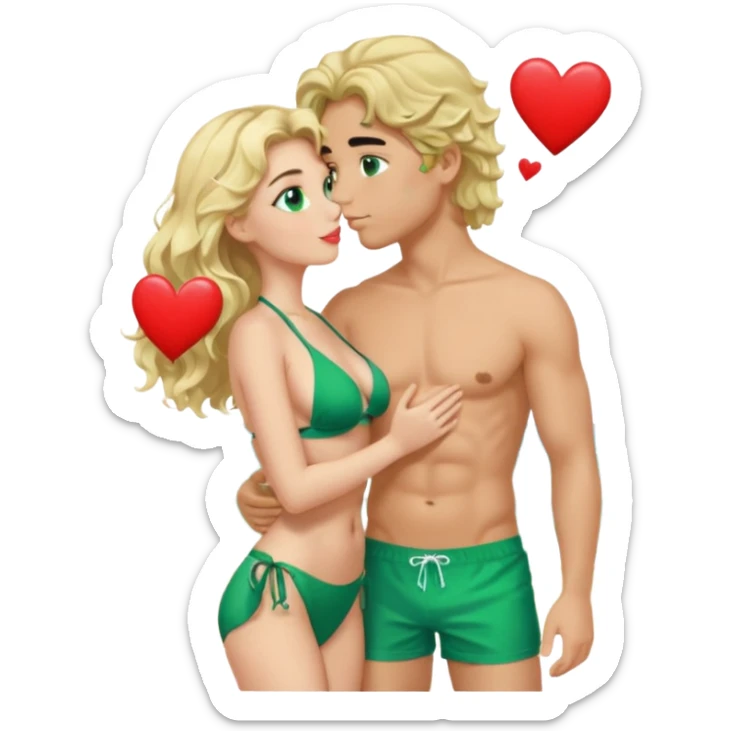 Blonde girl Green eyes wavy hair Green Bikini whole body Kissing man black Hair blue eyes Hearts in Body Background beach sticker