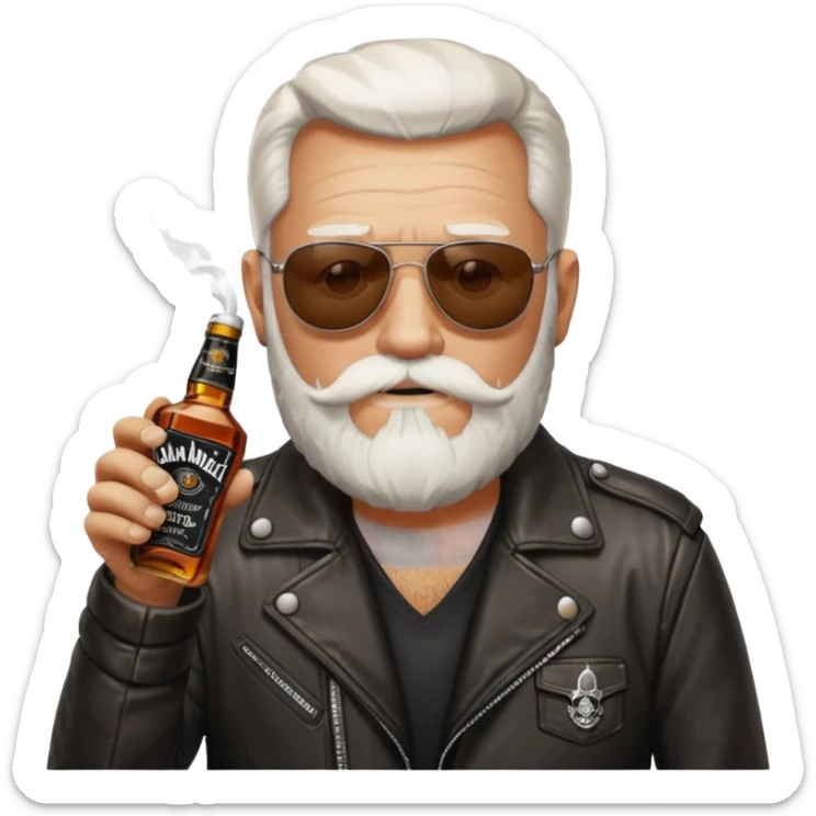 Un motero de barba blanca, gafas oscuras chupa de cuero y bebiendo de una botella de Jack Daniel's. sticker