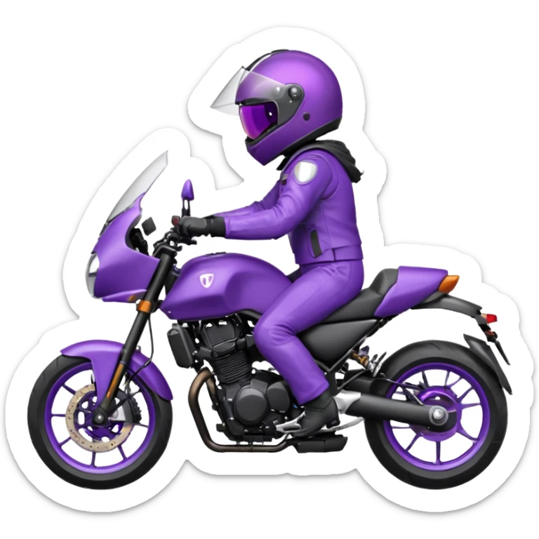Créer un emoji avec une moto mt07 sport noir mate / violet iridescent très foncé. Avec une pilote dessus visière violet sombre faceless, bulle de la moto violet. Avec fond arrière violet, tenue complète casque inclus violet  sticker
