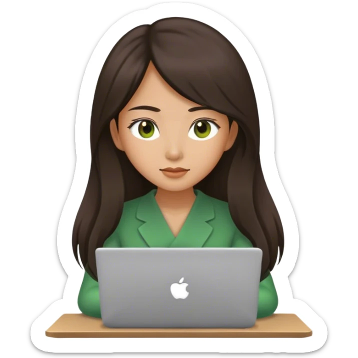 Long hair asian woman working on green laptop with brown eyes sticker