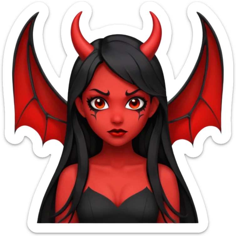 demon girl, skin red , black long hair, small horns, bat wing, black open-back dress, bold black outlines, red+black palette sticker