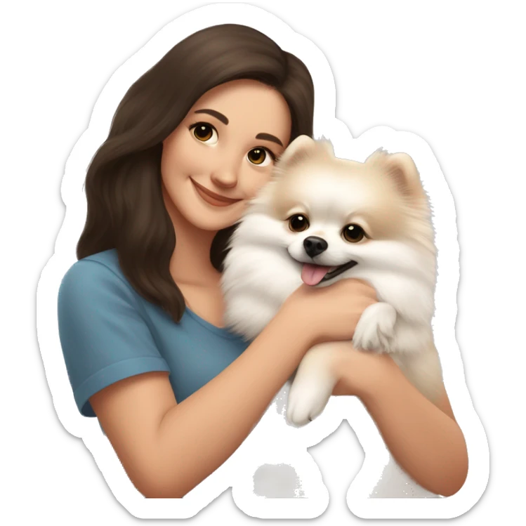 White and beige Pomeranian in the hands of a white young woman with dark brown hair smiling and cuddling the dog  sticker
