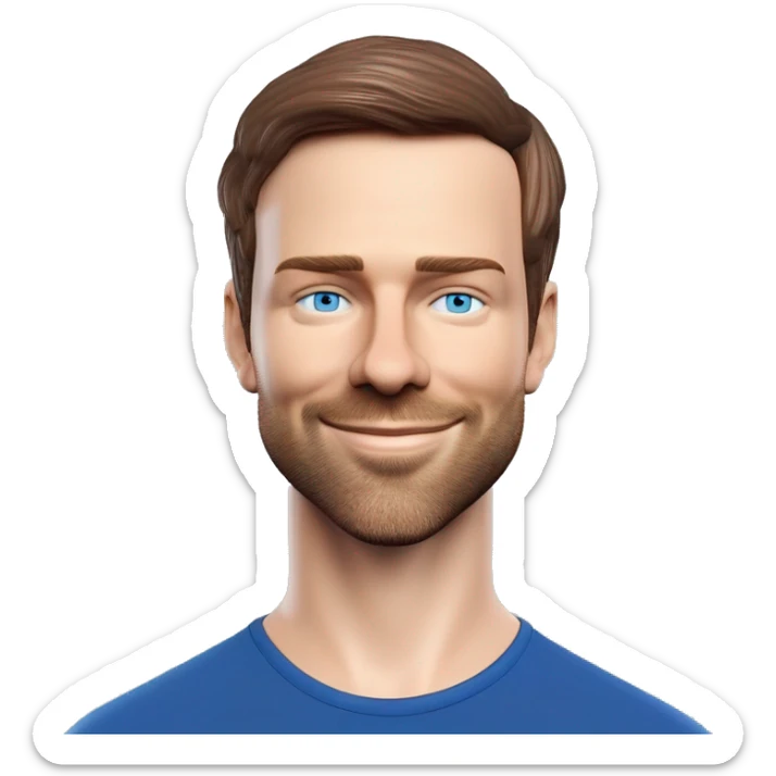 A head and shoulders shot of a 33 year old white man, with short brown hair, with stubble facial hair,   with blue eyes wearing a t-shirt. sticker