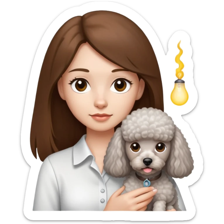 A girl with long straight hair and a white shirt is holding a small light gray poodle sticker
