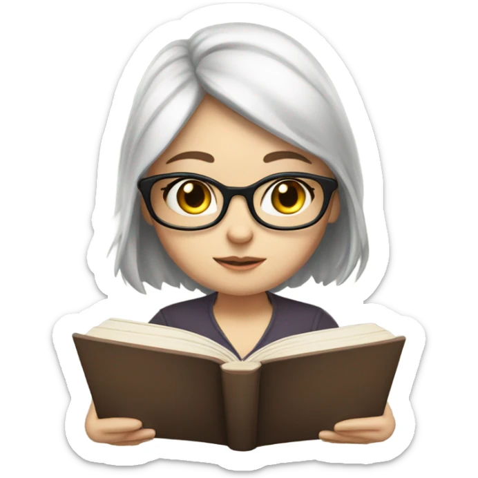 A cute girl with glasses, white skin reading a book sticker