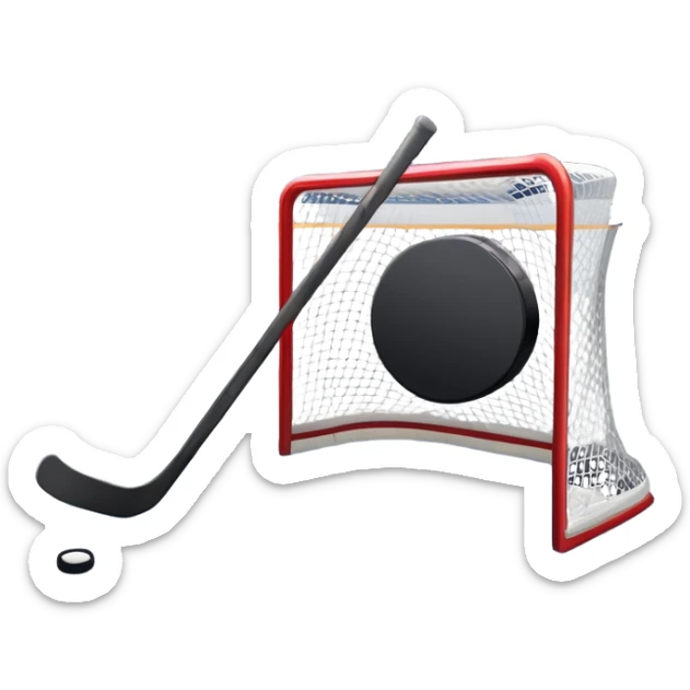 An icon showing a close-up of a hockey stick, puck, skates, and hockey net placed on the ice. The background features a packed stadium with bright lights, cheering fans, and snowy scenery outside. Transparent background highlights the key elements of the game. sticker
