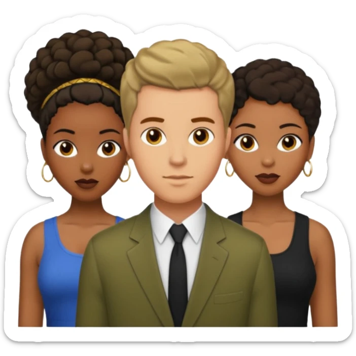 Olive skinnedAmerican man with short brown hairwith two black african women both are African one is light skin black and one is medium tone black with african hair styles sticker