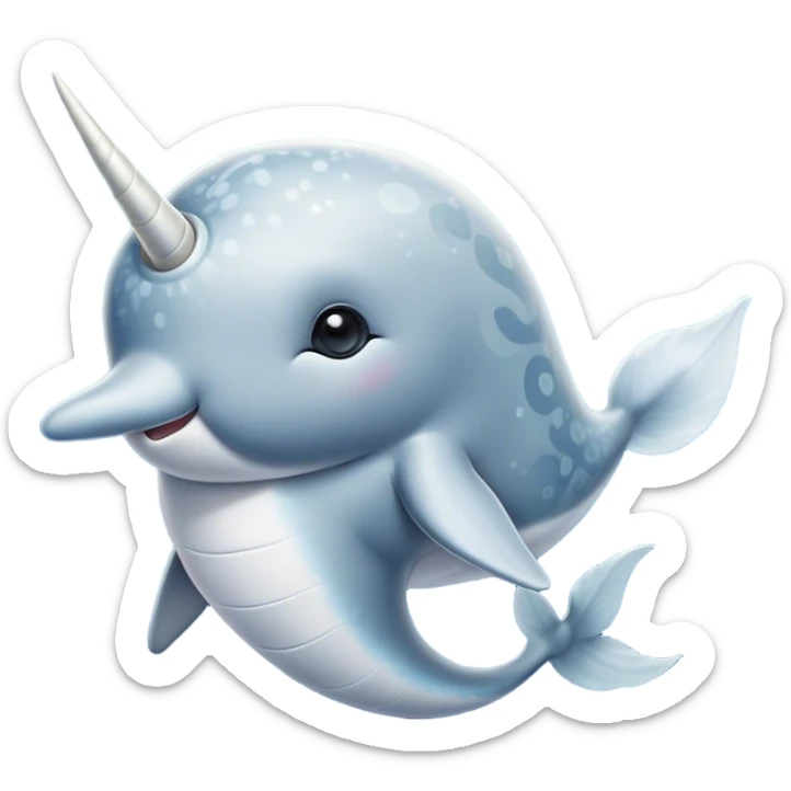 Cinematic Noble Cute Narwhal Portrait Emoji, Poised and graceful, with a streamlined, gently curved body clad in mottled, silvery-gray skin, accented by a long, spiraled ivory tusk and wide, expressive eyes radiating playful intelligence, Simplified yet sharp and sophisticated features, highly detailed, glowing with a cool, frosted ocean glow, high shine, intelligent and enigmatic, stylized with an air of whimsical marine majesty, focused and graceful, soft glowing outline, capturing the essence of a watchful and confident cute narwhal that appears ready to glide out of the screen with effortless charm! sticker