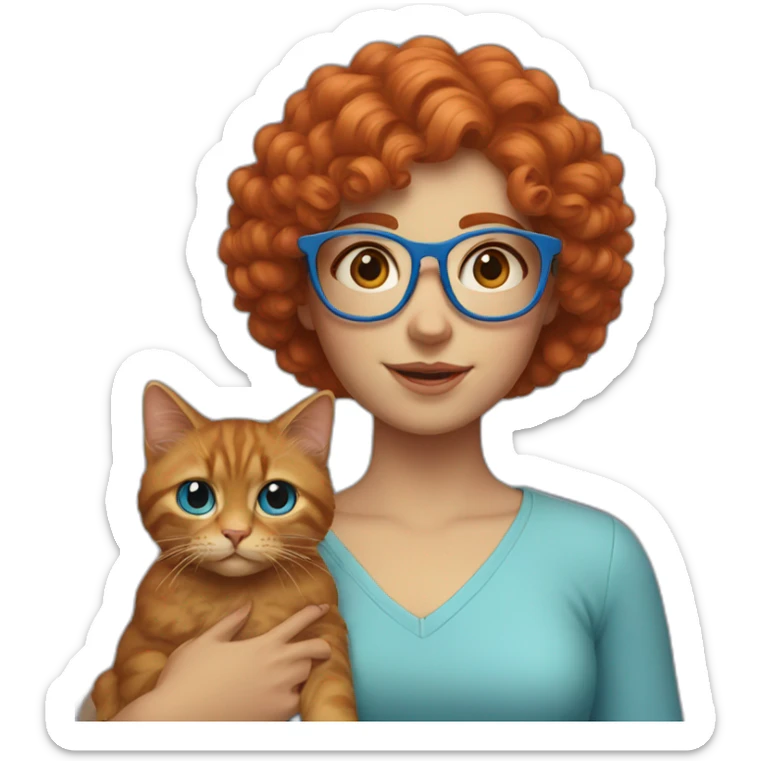 a girl with curly red hair and blue glasses with a cat in her arms sticker
