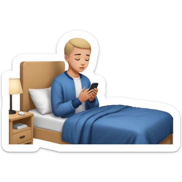 Young person in casual clothes praying beside bed at night, smartphone visible, bedroom with wall posters sticker
