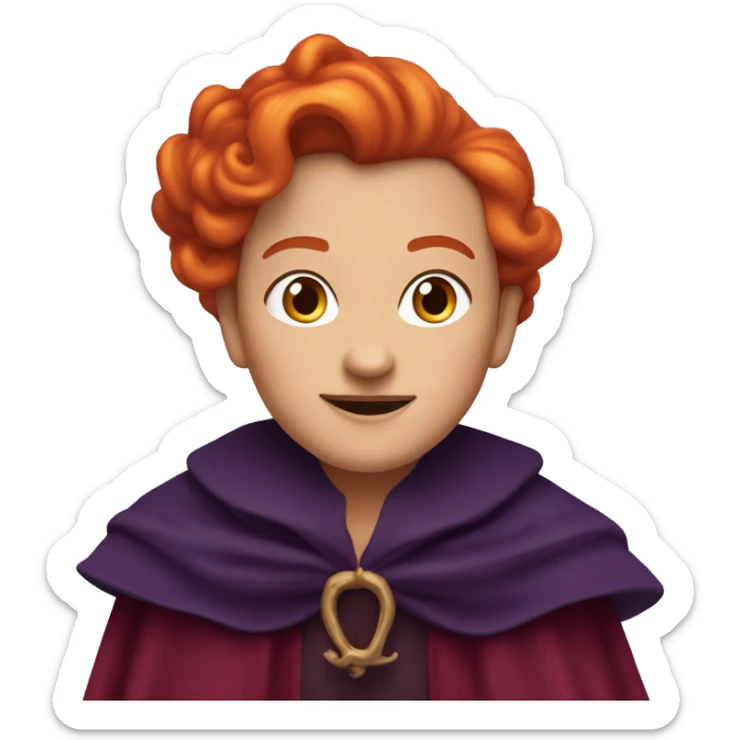 “Apple emoji of Winifred Sanderson: round face, crooked smile with a single front tooth, fiery heart-shaped red-orange hair, thick arched eyebrows, and a hint of a dark purple cloak.” sticker