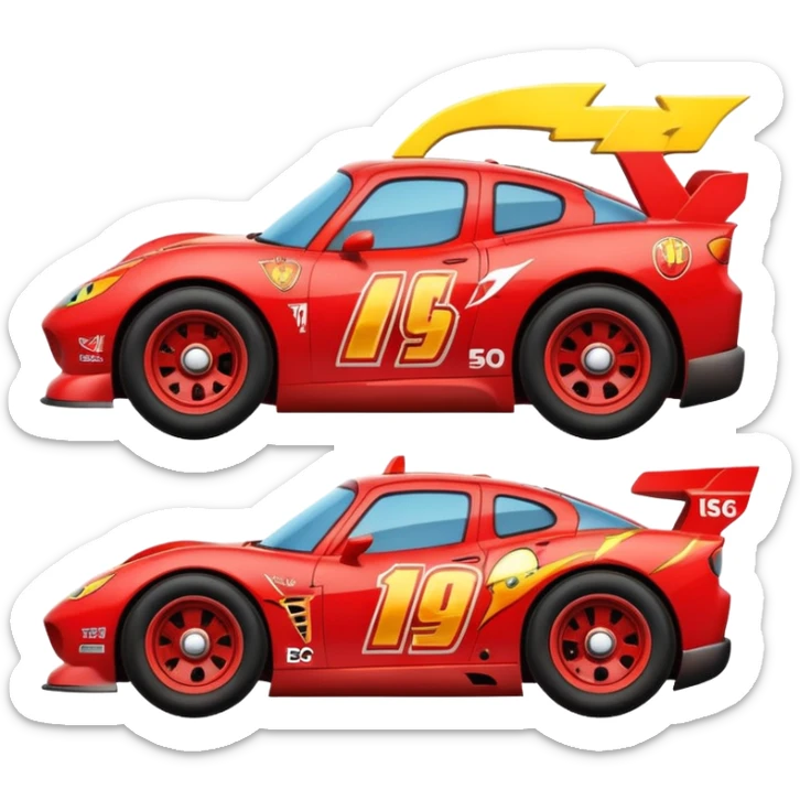 red cartoon race car with a big smile and lightning bolt decals, inspired by Lightning McQueen sticker