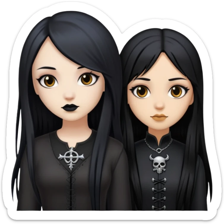 two goth girls with long black hair. one girl has light brown skin and the other has fair skin sticker