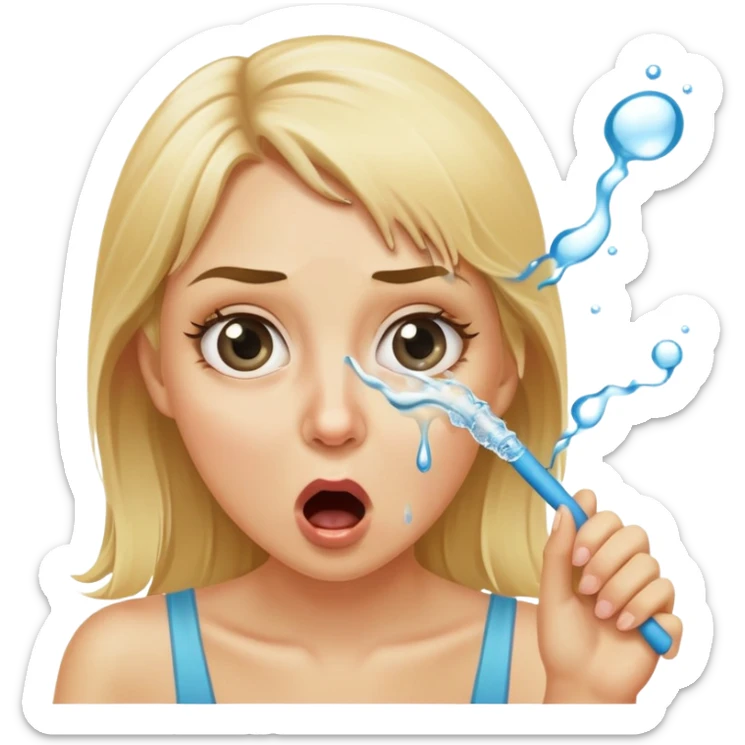 blond woman with wide eyes, holding a wide skin-colored stick with a nibble on the edge, water squirting from the stick into her mouth, shocked face sticker