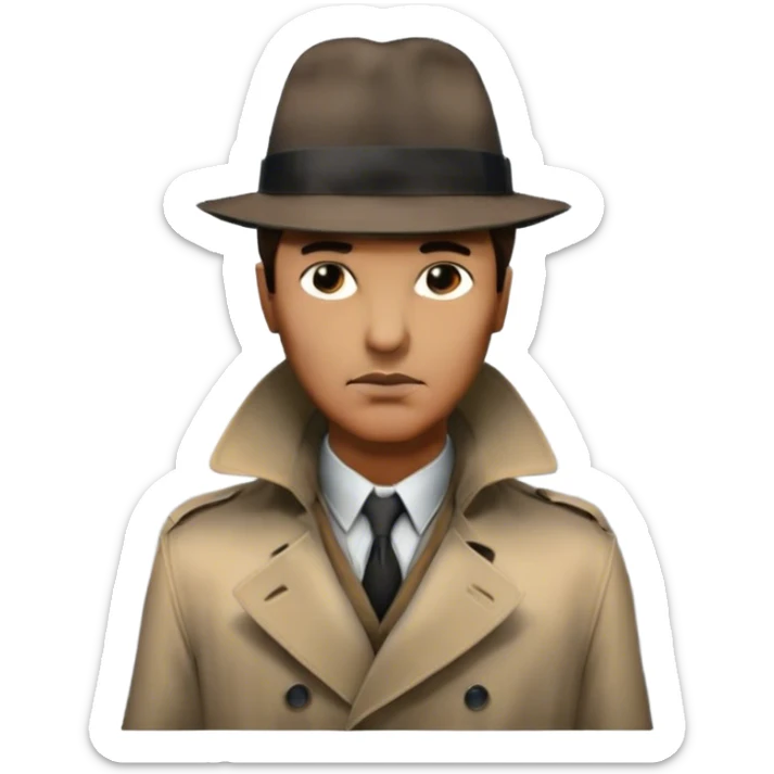 Icon for Detective Movie: A vintage movie poster-style design featuring a mysterious detective, shadowy alleys and a foggy cityscape. Include classic noir elements like a fedora, trench coat, and a dimly lit street. Bold typography and retro cinematic style. Transparent background. sticker