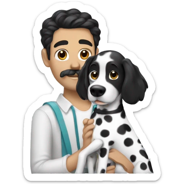 man with blac hair and mustache petting a dalmatian dog sticker