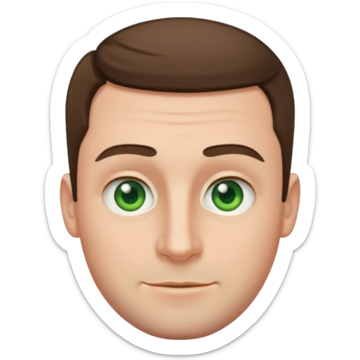 30-year-old white male, round face, broad nose, prominent eyebrows, no facial hair, very short brown hair, green eyes, emoji style sticker