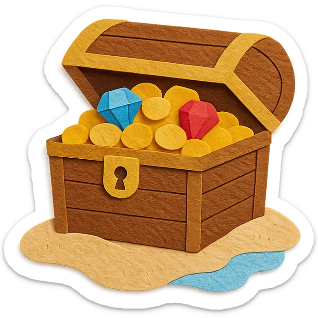 illustration of a treasure chest overflowing with gold coins and jewels on a sandy beach in paper-craft style sticker