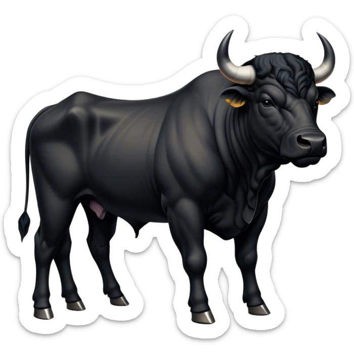 Cinematic Noble Black Bull Portrait Emoji, Poised and regal, with a massive, muscular build and a sleek, well-groomed pure black hide, deep-set soulful dark eyes, Simplified yet sharp and sophisticated features, highly detailed, glowing with a soft, dignified glow, high shine, intelligent and formidable, stylized with an air of strength, focused and attentive, soft glowing outline, capturing the essence of a watchful and confident guardian, so majestic it feels as though it could charge out of the screen with effortless authority! sticker