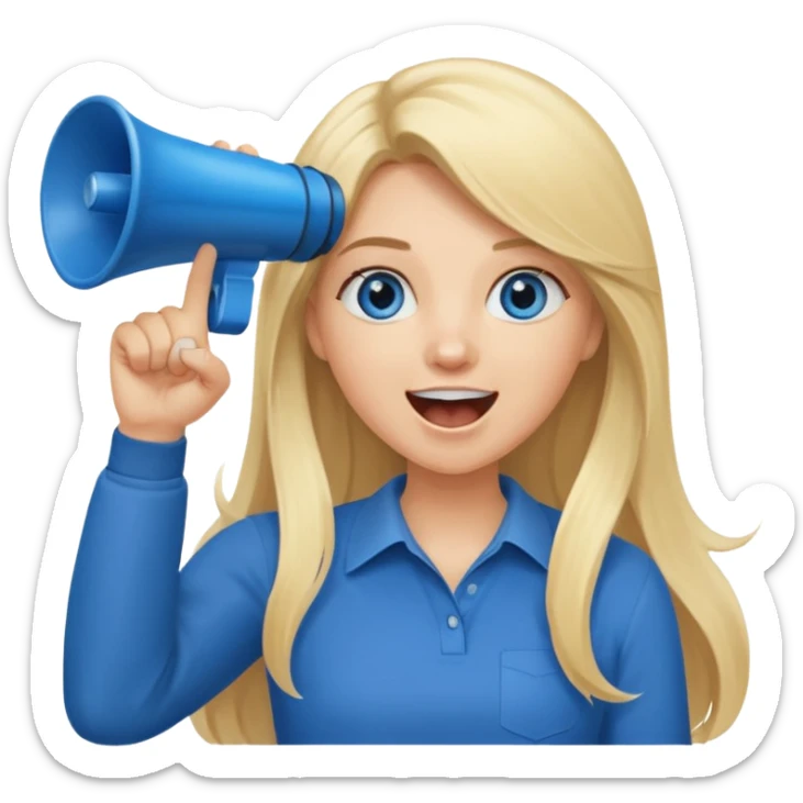  blue eyes blonde girl yelling into megaphone smiling long hair holding up finger sticker