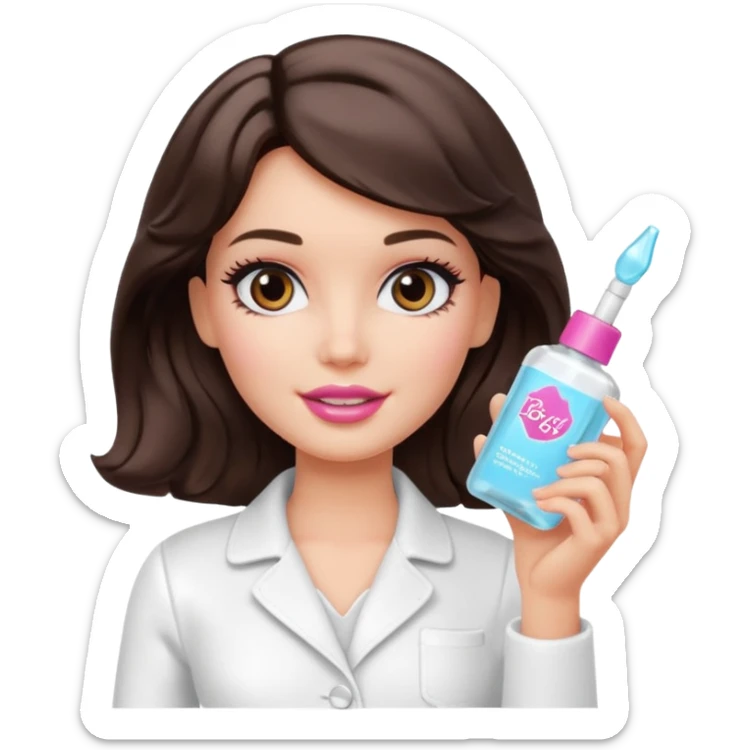 A Barbie girl with makeup, with short wavy dark brown hair in white clothes, holding a facial gel in her hand sticker