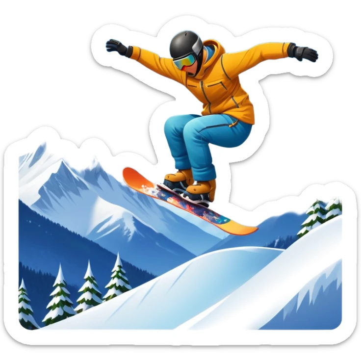 An icon showing a snowboarder performing an exciting jump on a snow-covered slope. The background features towering mountains, snow-covered trees, and a bright, clear sky. Transparent background highlights the speed, agility, and thrill of snowboarding. sticker