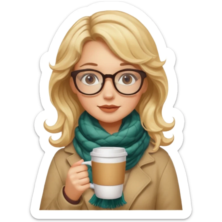 a girl drink with blonde wavy hair, wearing glasses, having scarf, drink coffee sticker