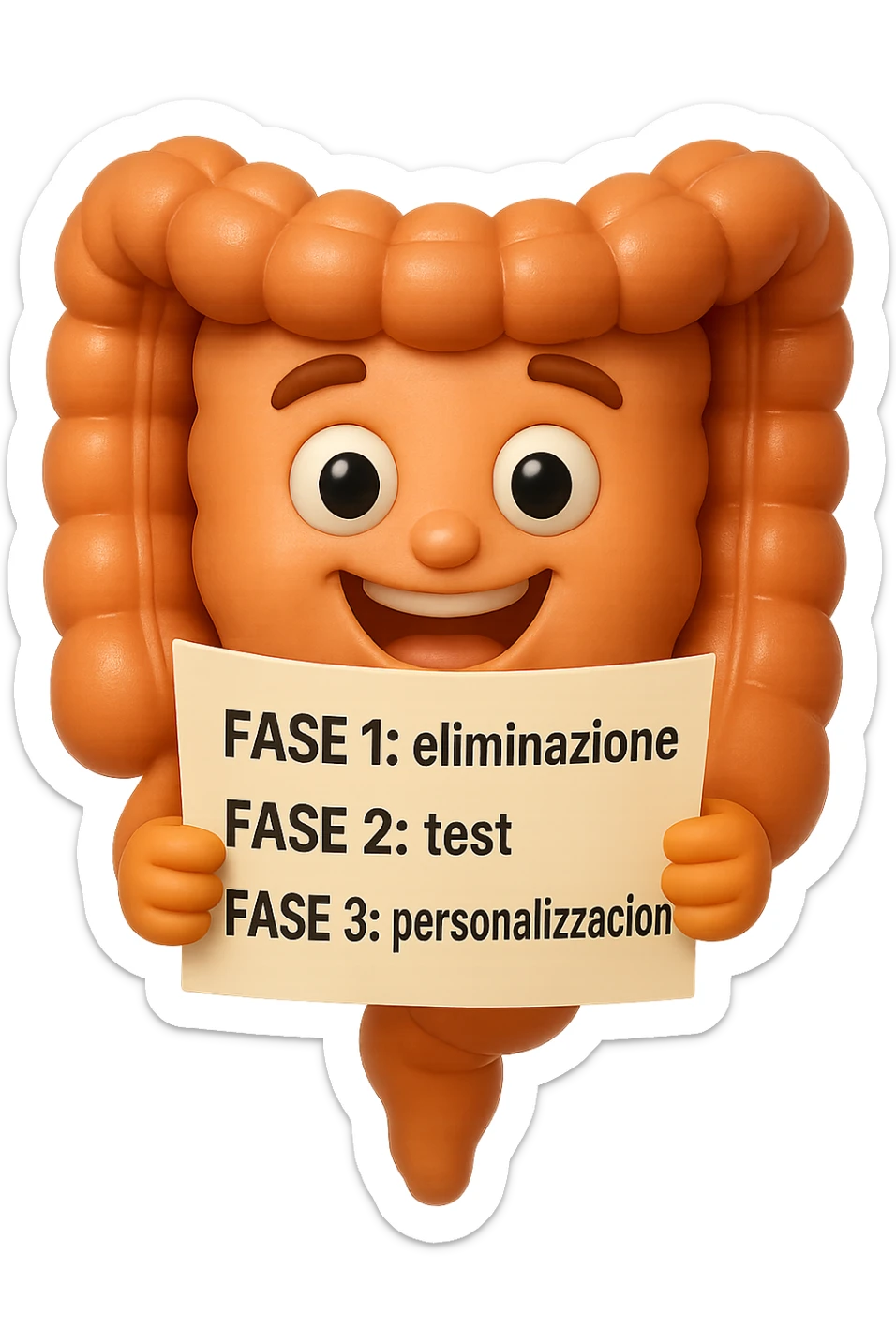 emoji stile iphone 3d di un intestino che tiene in mano un foglio con la scritta "FASE 1: eliminazione, FASE 2: test, FASE 3: personalizzazione, IPERREALISTICO 4K sticker
