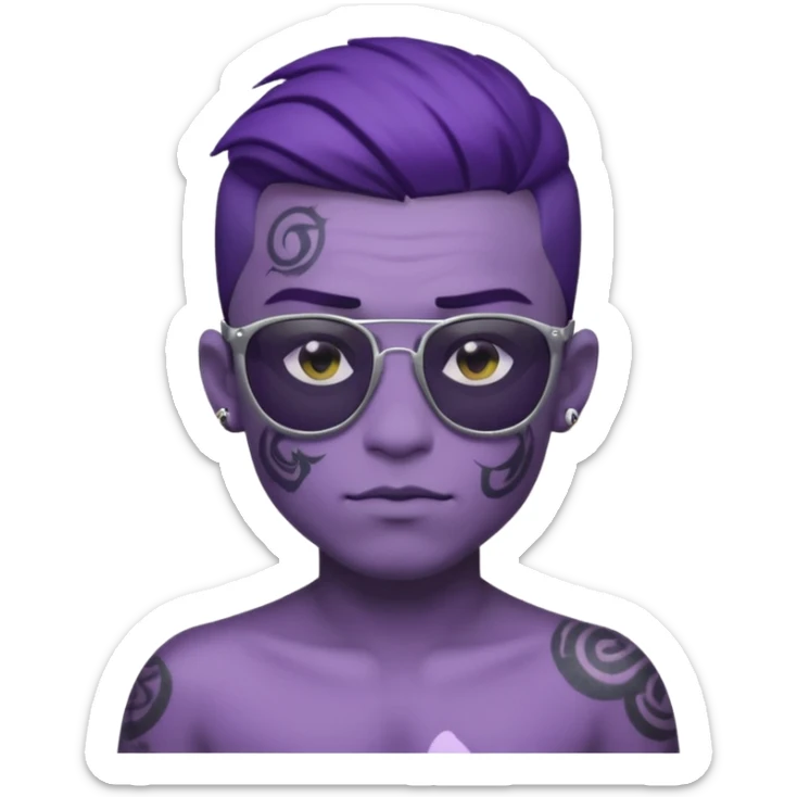 a boy with purple skin and sunglasses that has a tattoo on his forehead that says “gu4nto” sticker