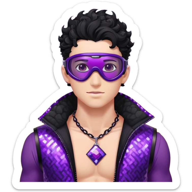 male athlete with white skin and moderately curly black hair on top with shaved sides, wearing ski goggles with purple frames and very dark black lenses, a simple plain black chain necklace, and a completely unzipped shiny vest with purple and black sequin fire pattern design, fully revealing his chest and abs, no earrings sticker