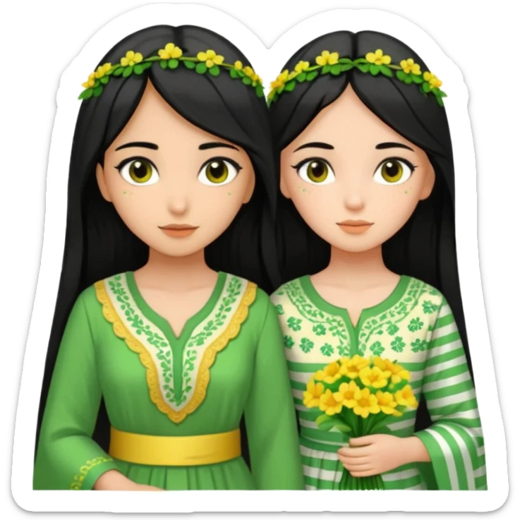 A picture of a black-haired girl in a beautiful green Arabic dress with green dotted stripes and beautiful yellow flowers scattered and a white-faced girl sticker