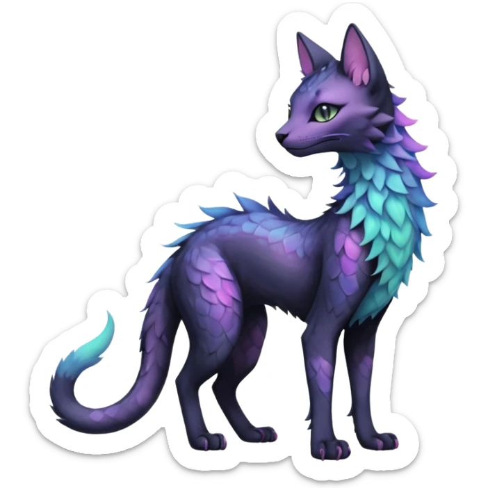 Kawaii black pastel iridescent beautiful pretty elegant divine edgy fantasy feline-vernid-sergal-fursona animal creature with a tufted tail full body with intricate markings  sticker