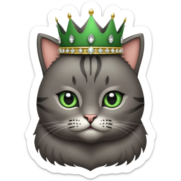 Gatito gris oscura con rayas negras ojos verdes vestida de reina con coronas y diamantes, más peluda y gordura  sticker
